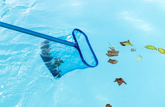 Pool technician skimming leaves and debris from pool water