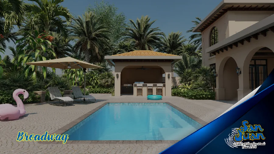 Broadway fiberglass pool installed in a backyard