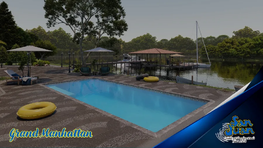 Grand Manhattan-West Coast VS1 fiberglass pool installed in a backyard