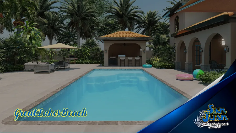 Great Lakes Beach fiberglass pool installed in a backyard