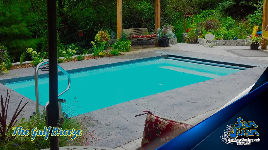 Gulf Breeze fiberglass pool installed in a backyard
