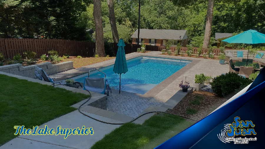 Lake Superior fiberglass pool installed in a backyard