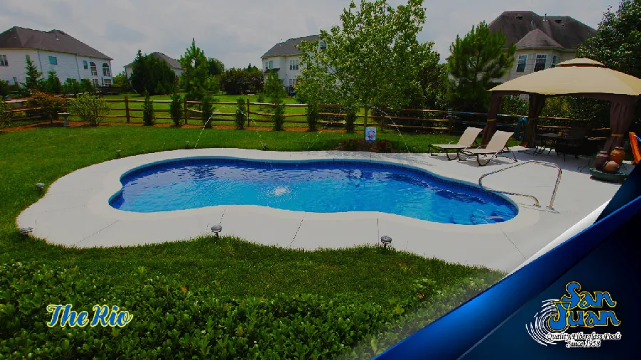 Rio fiberglass pool installed in a backyard