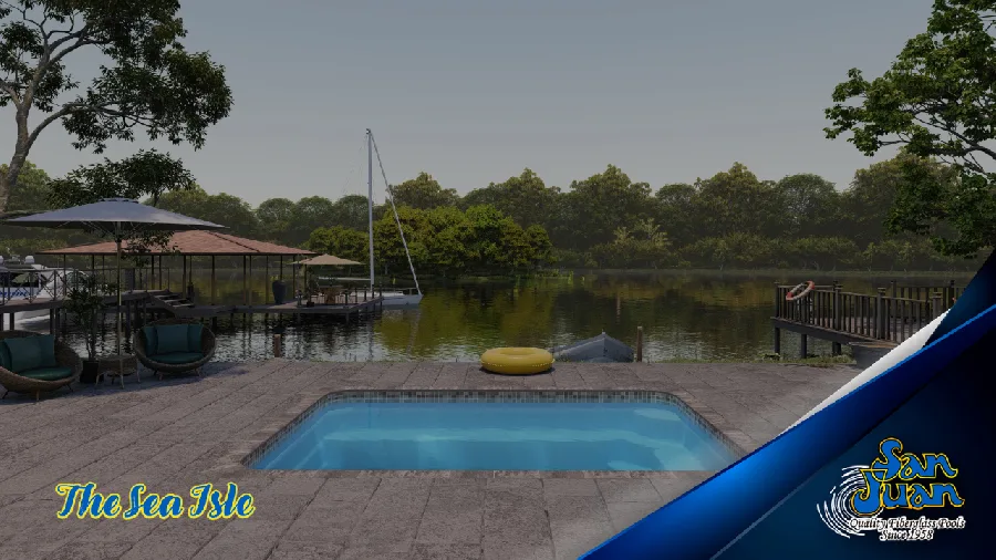 Sea Isle fiberglass pool installed in a backyard