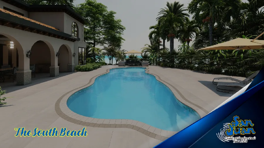 South Beach fiberglass pool installed in a backyard