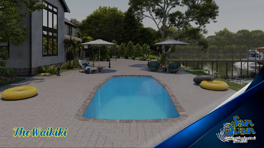 Waikiki I fiberglass pool installed in a backyard