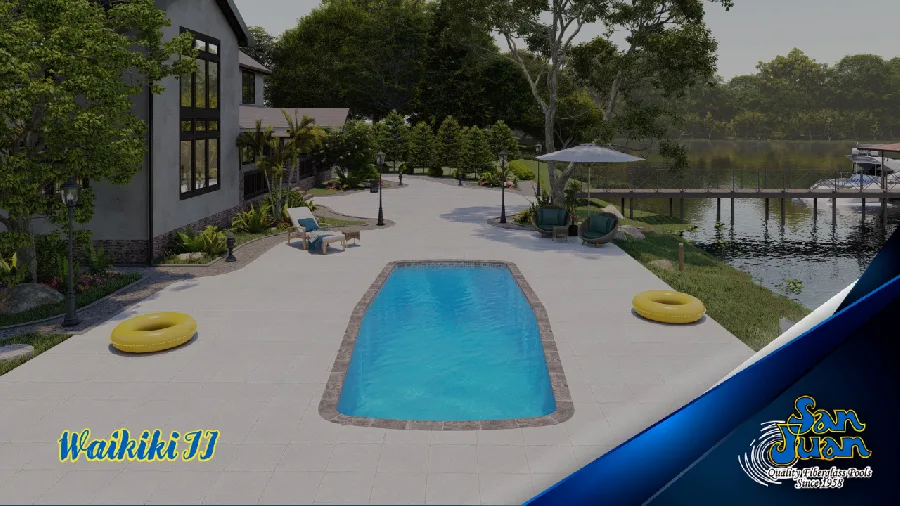 Waikiki II fiberglass pool installed in a backyard