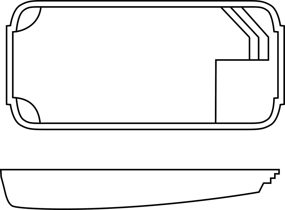 Freeport Oasis fiberglass pool shell drawing (top and side views)