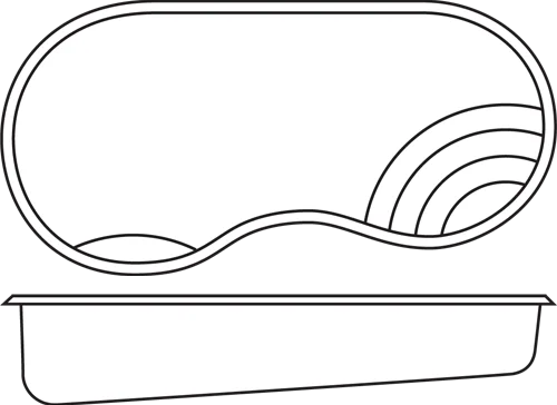 Shoreline fiberglass pool shell drawing (top and side views)